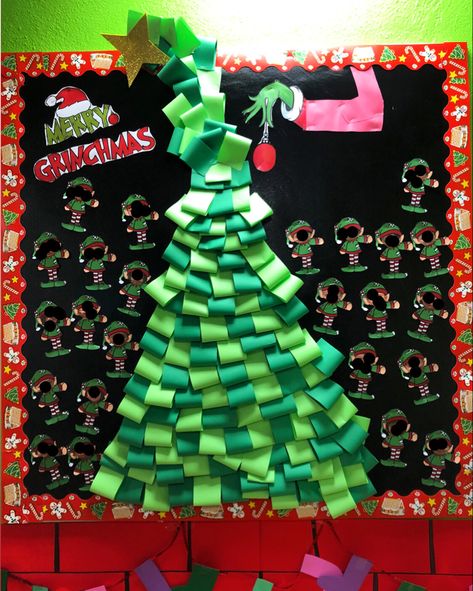 One of my favorite movies !! Merry grinchmas 🎄 I had so much fun making this board #christmas #grinch #bulletinboard #xmas #prek #kindergarten #teacher #teacherinspo #december 3d Christmas Tree Bulletin Board, Grinch Bulletin Board Ideas, Grinch Bulletin Board, Bulletin Board Tree, Holiday Bulletin Boards, Classroom Christmas Decorations, Christmas Bulletin Board, Christmas Classroom Door, 3d Christmas Tree