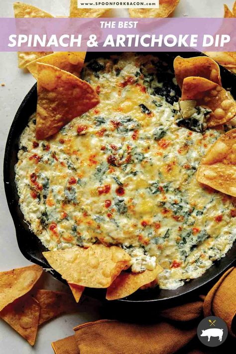 The easiest and most delicious Spinach Artichoke Dip recipe you'll ever taste! Our recipe is a no fuss, creamy and delicious dip that literally disappears within minutes every time we serve it!! #dip #appetizer #spinachartichoke #recipe #yummy The Best Spinach Artichoke Dip, Hot Spinach Artichoke Dip, Baked Spinach Artichoke Dip, Best Spinach Artichoke Dip, Quick Appetizer, Spinach Artichoke Dip Recipe, Spoon Fork Bacon, Spinach And Artichoke Dip, Delicious Dips Recipes