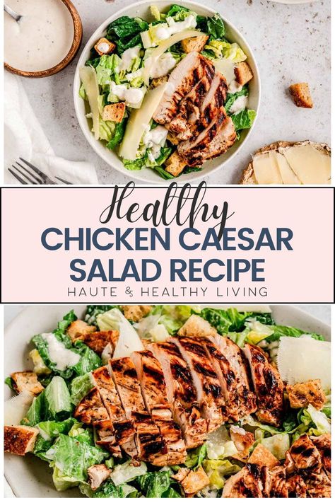 This healthy version of chicken caesar salad is ideal for those who appreciate the classic dish but want to eat it more often without the excess calories! The tangy bite of the caesar dressing is retained in this lighter version prepared with Greek yogurt, while the grilled chicken's flavor is enhanced by the flavorful marinade. Without a doubt, give it a try! #hauteandhealthyliving #chickencaesarsalad #healthydinner #lunchideas #chickenrecipes Healthy Chicken Ceaser Salads, Chicken Caesar Salad Meal Prep, Healthy Chicken Caesar Salad, Best Chicken Caesar Salad Recipe, Chicken Marinade For Cesar Salad, Grilled Chicken For Caesar Salad, Chicken Caesar Marinade, Chicken Ceaser Salads, Chicken Cesear Salad Dinner