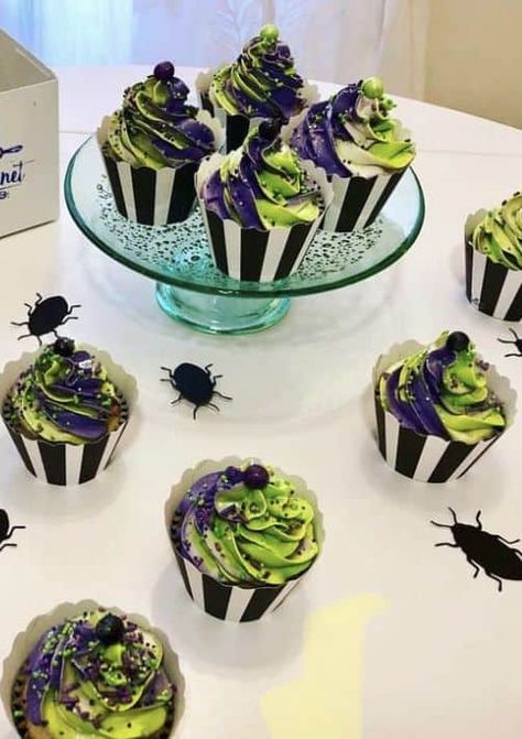 Nightmare Before Christmas Wedding Shower Ideas, Beetlejuice Neon Sign, Bettle Juice Cupcakes, Tim Burton Desserts, Bettle Juice Party Theme, Tim Burton Bridal Shower Ideas, Tim Burton Party Food, Beetlejuice Strawberries, Beetlejuice Menu Ideas