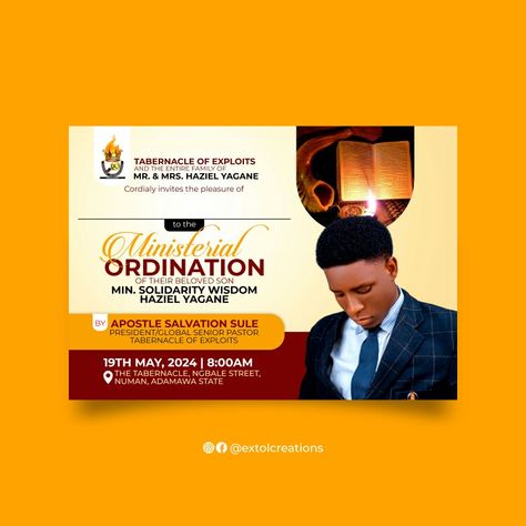 Designed By  Extol Creations Ordination Invitation Design, Graduation Invitation Card Design, Church Invitation Card Design, Graduation Invitation Cards, Wedding Couple Cartoon, Brochure Design Layouts, Africa Art Design, Church Backgrounds, Certificate Background