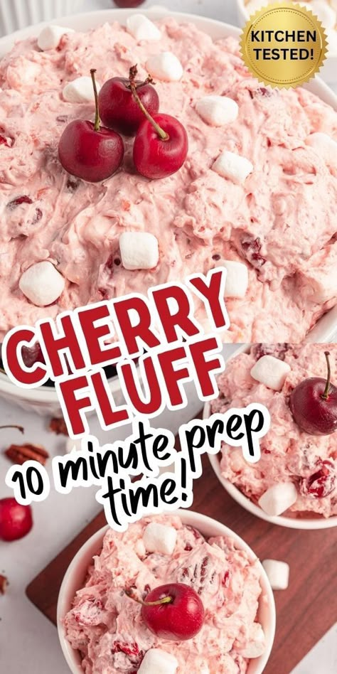 This classic, easy Cherry Fluff recipe has a creamy and fluffy texture with soft marshmallows and tender pieces of cherry. The whipped topping and marshmallows create an airy texture that melts in your mouth to serve at potlucks, bbq's or holiday family gatherings. Cherry Marshmallow Dessert, Enchiladas Sour Cream, Christmas Treats Kids, Fluff Fruit Salad, Fluff Deserts, Cherry Jello Recipes, Sandwich And Soup, Cherry Salad Recipes, Jello Salad Recipes