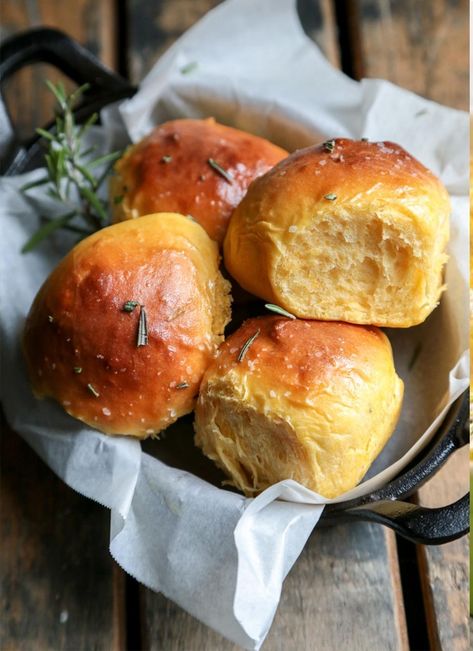 Make Homemade Sweet Potato Rolls Recipe for holiday dinner or other occasion. Easy and fluffy sweet potato yeast rolls. Sweet Potato Rolls Recipe, Bread Varieties, Rosemary Sea Salt, Sweet Potato Rolls, Potato Rolls, Butter Honey, Potato Roll, Sugar Eggs, Crumpets