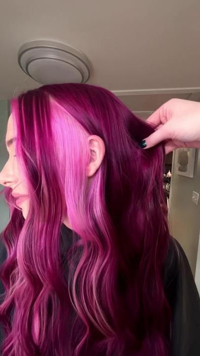 Muted Magenta Hair, Red And Fuschia Hair, Chunky Color Highlights, Pink Purple Red Hair, Color Block Vivid Hair, Hair Dye Colour Ideas, Fall Fun Hair Color, Fushia Hair Color Magenta, Deep Magenta Hair