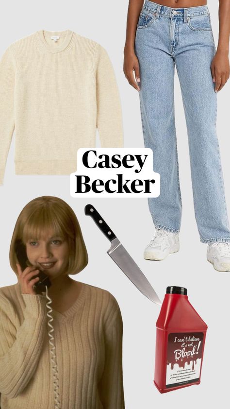 Casey Becker scream easy horror halloween costume inspo/idea perfect for cold weather #caseybecker #scream #drewbarrymore #halloween #halloweenaesthetic #halloweeninspo #halloweencostume #costume Drew Barrymore Scream Costume, Sydney Prescott Costume, Halloween Costumes For Cold Weather, Drew Barrymore Scream, Casey Becker, Scream Halloween Costume, Warm Halloween Costumes, Scream Outfits, Scream Costume