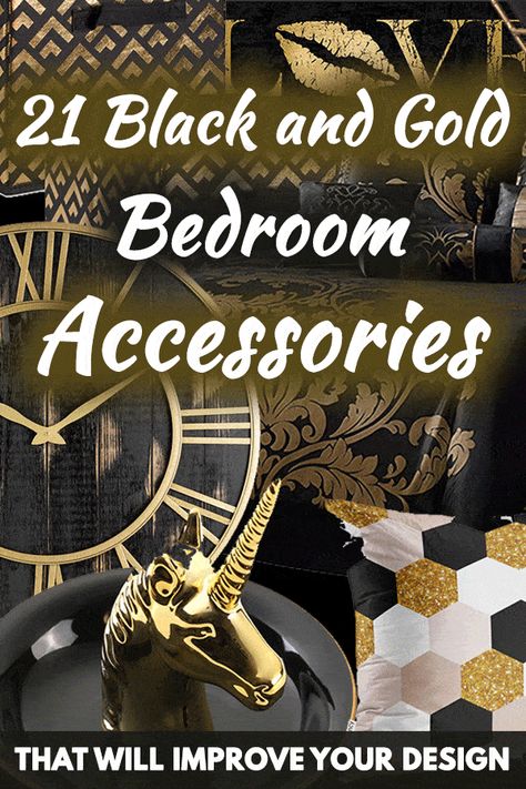 Black and Gold Bedroom: 21 Must-Have Accessories for a Luxurious Design Black And Gold Glam Bedroom, Black White Gold Bedding Comforter Sets, Black White Gray Gold Bedroom, Black And Gold Guest Bedroom, Black And Gold Themed Bedroom, Black And Gold Bedroom Design, Black And Gold Headboard Bedroom, Black Grey And Gold Bathroom, Gray Black And Gold Bedroom