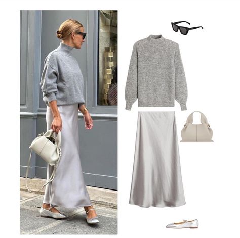 Grey Dress Outfit Casual, Grey Bag Outfit, Grey Maxi Skirt Outfit, Grey Skirt Outfit, Silver Skirt Outfits, Silver Dress Outfit, Grey Dress Outfit, Winter Maxi Skirt Outfit, Silver Silk Dress