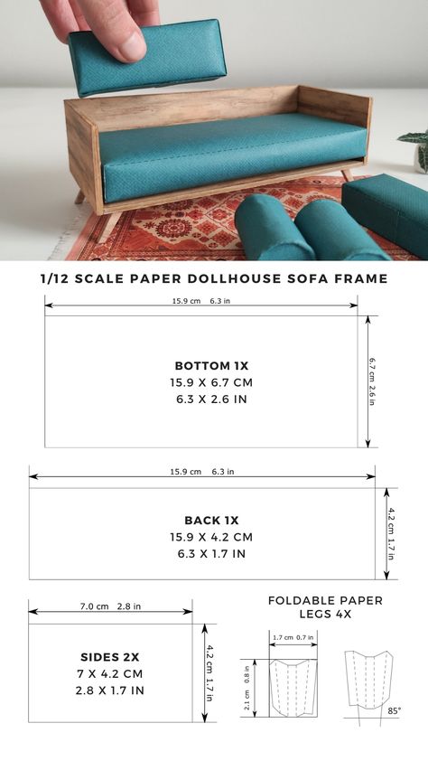 Create this mini 1/12 scale sofa frame for a modern dollhouse interior with the measurements from this template. Suitable for wood, paperboard or any other 3 mm or 1/8 inch thick material. You can also use skewers to make the legs of the sofa. Dollhouse Couch Template, Model Furniture Diy, Paper Sofa Template, Dollhouse Sofa Diy, Miniature Furniture Template, Miniature Sofa Diy, Doll House Ideas Interiors, Dollhouse 1:12, How To Make Doll House Furniture