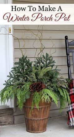 Quick and easy tutorial for making these GORGEOUS winter porch pots. Made in baskets for a farmhouse style, but can be made in urns for a more formal look! Winter Porch Pots, Porch Pots, Winter Planter, Winter Porch, Christmas Planters, Christmas Front Porch, Navidad Diy, Christmas Porch, Farmhouse Christmas Decor