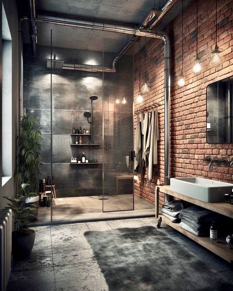 Black And Wood Bathroom, Theme House, Industrial Loft Design, Wooden Bed Design, Bed Design Modern, Industrial Bathroom, Dark Theme, Industrial Interior Design, Brick Walls