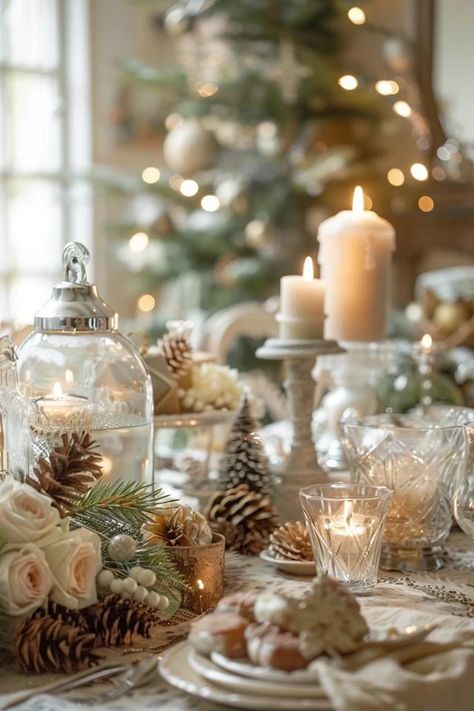 Charming French Country Christmas Decor Ideas Neutral Country Christmas Decor, French Country Christmas Kitchen, French Country Christmas Mantle, French Cottage Christmas Decor, Farmhouse Christmas Table Decor Ideas, Winter Holiday Decor, French Country Christmas Decor Ideas, Cottage Christmas Aesthetic, French Cottage Christmas