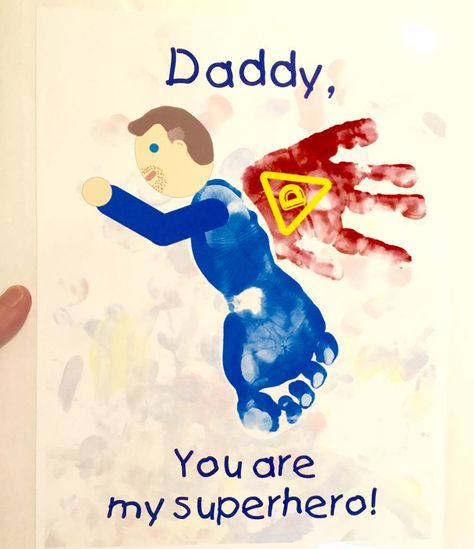 Father's Day Card, handprint superhero! My toddler son's footprint, handprint and other artwork scanned in, then pieced together in Photoshop with daddy's face. "You are my superhero!" Hand Print Art, You Are My Superhero, Kids Fathers Day Crafts, Diy Father's Day Crafts, Dad Crafts, Fathers Day Art, Baby Art Projects, Footprint Crafts, Cool Fathers Day Gifts