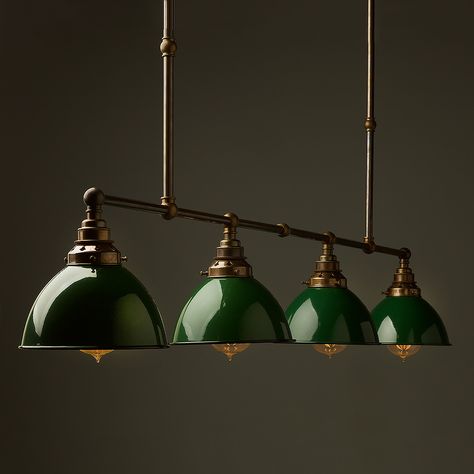 Vintage-Edison-Long-Billiard-Table-Light-green-dome Office Lights, Billiard Table Lights, Snooker Room, Billiards Room, Basement Studio, Green Dome, Industrial Cafe, Snooker Table, Dining Table Lighting