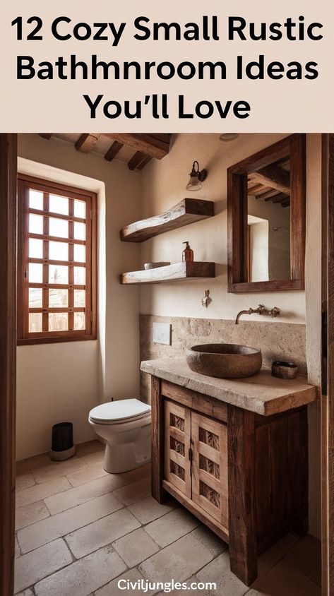 Transform your small bathroom into a charming rustic retreat with these 15 inspiring design ideas. From warm wood accents to vintage fixtures, these rustic bathroom ideas will help you create a cozy and inviting space, even in the smallest of rooms. Discover how to use natural materials, earthy tones, and clever storage solutions to maximize both style and functionality in your rustic bathroom. Bath Remodel Ideas Farmhouse, Log Cabin Bathroom Ideas Modern, Rustic Bathroom Remodel Ideas, Small Natural Bathroom, Small Country Bathroom Ideas, Country Small Bathroom, Country Bathroom Ideas Rustic, Cabin Bathroom Ideas Rustic, Woodsy Bathroom