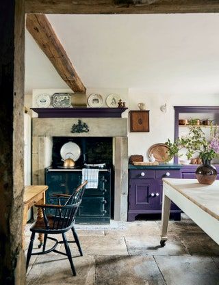 Dark Purple Walls, Knole Sofa, 17th Century House, Hampshire House, Dreamy Kitchens, Cupboard Paint, New Staircase, Delft Tiles, Stone Cottage