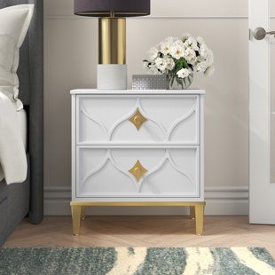 White Gold Bedroom Decor, White Gold Bedroom, White And Gold Nightstand, Gold Bedroom Decor, Painted Night Stands, Gold Bed, End Tables With Drawers, Favourite Flowers, Gold Bedroom