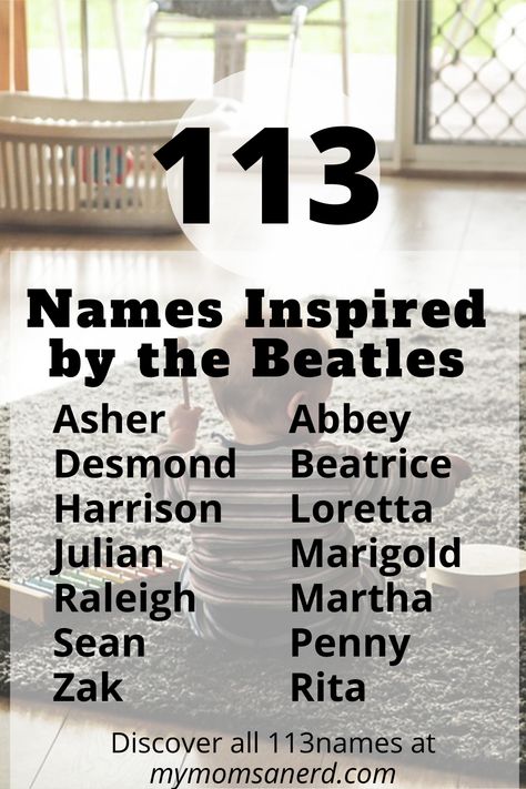 Over 100 names inspired by the Beatles, perfect for babies, plus funky ideas for dogs, cats, and other pets! #baby #babynames #names #petnames #dognames #catnames #birdnames #beatles #thebeatles #music Beatles Baby Nursery, Music Baby Names, Beatles Theme, Beatles Baby, Mary Mccartney, Girl Dog Names, Beatles Girl, Sean Lennon, I Am The Walrus