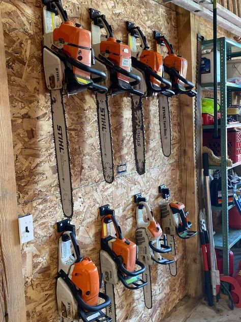 Low Profile Chainsaw Mount – Midwest Saws Chainsaw Mount, Garage Workshop Layout, Garage Storage Inspiration, Storage Shed Organization, Garage Workshop Organization, Workshop Layout, Garden Tool Shed, Barn Renovation, Tool Storage Diy