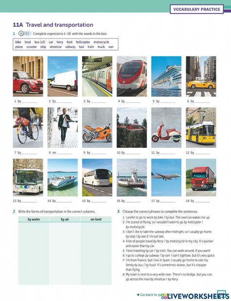 Travel Vocabulary Worksheet, Means Of Transport Worksheet, Means Of Transportation Activities, Transportation Vocabulary, Travel Vocabulary, English Pictures, Transportation Worksheet, Transportation Activities, Travel English