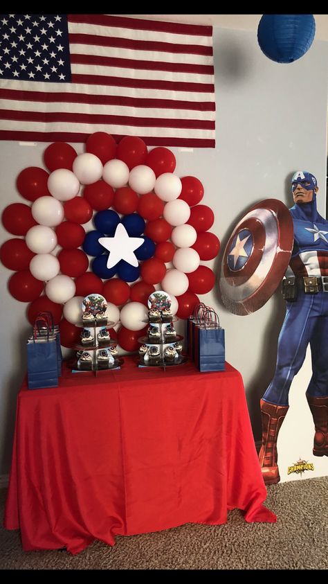 Captain America Birthday Party Ideas, Captain America Birthday Party, Captain America Party, Marvel Birthday, Captain America Birthday, America Theme, America Party, America Birthday, Kid Parties