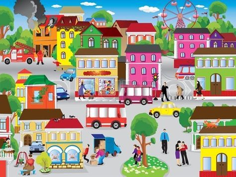 Community Clipart, City Vector Illustration, Community Picture, Community Places, City Vector, Kids English, City Drawing, Cute Canvas Paintings, Color Crayons