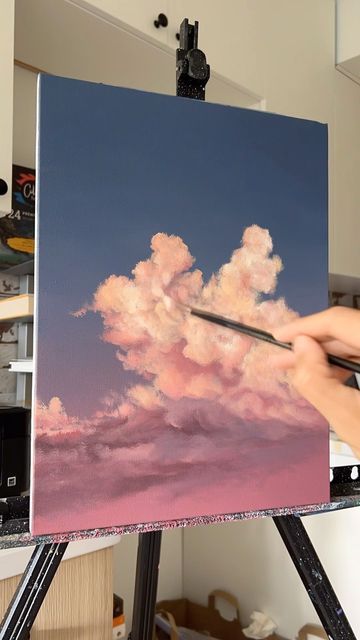 Painting Sky Clouds, Pink Skies Painting, Pastel Sky Painting, Sunset Clouds Painting, Pink Clouds Painting, Sky Painting Acrylic, Pink Sky Painting, Pink Acrylic Painting, Canvas Painting Pink