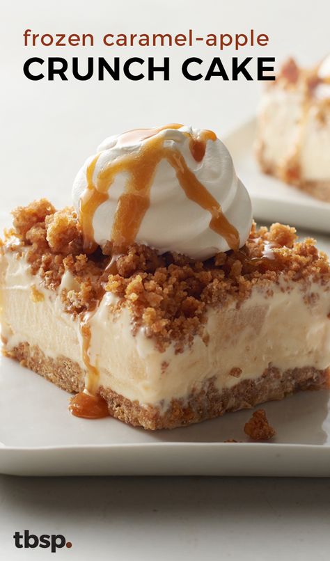 A frozen layer of apple pie ice cream laced with caramel and sandwiched between a top and bottom layer of crunchy crushed granola bars. Refrigerator Desserts, Cake With Ice Cream, Apple Crunch, Apple Pie Ice Cream, Icebox Cakes, Ice Cream Cake Recipe, Crunch Cake, Cream Design, Ice Cream Pies