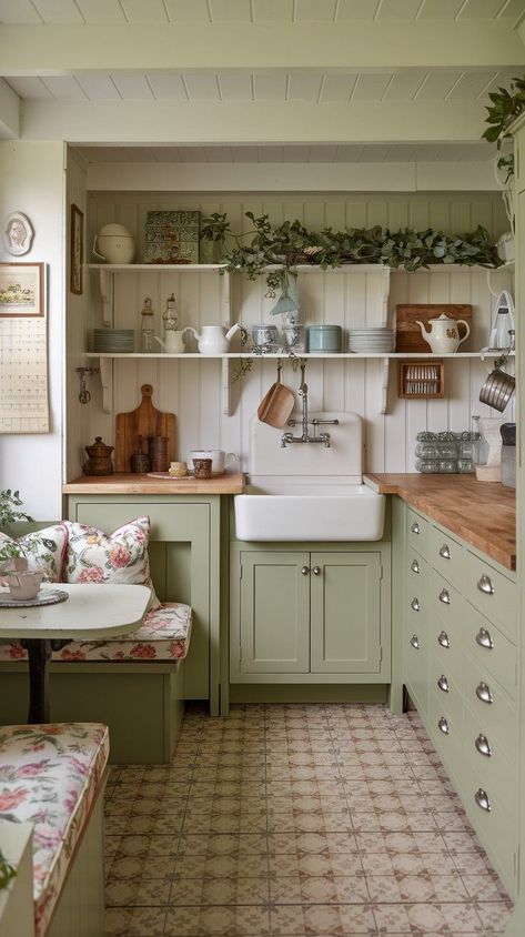 Make your small cottage kitchen feel bigger and brighter with these small kitchen layout ideas. From clever shelving to open spaces, transform your ti... Cottage Green Living Room, Small Single Wall Kitchen, Doorless Kitchen Cabinets, Cottage Small Kitchen, Old Cottage Kitchen, Small Kitchen Layout Ideas, Cottage Kitchen Makeover, Small Cottage Kitchen Ideas, Cottage Kitchen Shelves