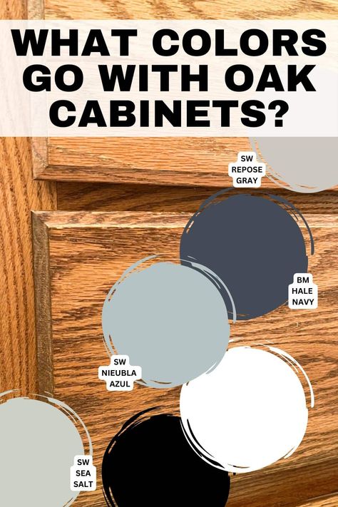 Find the right color scheme to go with oak cabinets in your kitchen or bathroom. No need to paint your cabinets when you can change your home decor to get an updated  room in your home. From neutral colors to earthy darker tones, see real-life bathrooms and kitchens with oak cabinets. Wood Cabinets Wall Color, Paint Color That Goes With Oak Cabinets, Wall Paint For Oak Cabinets, Kitchen Island Colors With Honey Oak Cabinets, Bathroom Color Ideas With Oak Cabinets, Painted Island With Oak Cabinets, Oak Cabinet Paint Colors, Embrace Oak Cabinets, Oak Cabinet Kitchen Paint Wall Colors