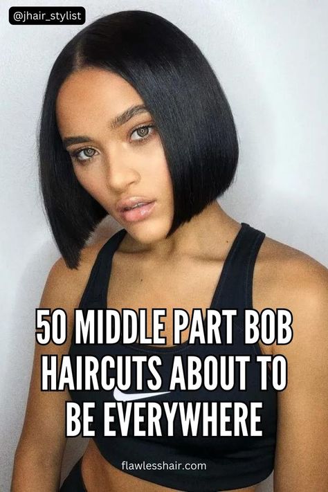 Sleek middle part bob haircut, a trendy choice for versatile and stylish looks. Layered Bob Hairstyles For Black Women Middle Part, Center Part Layered Bob, Short Weave Bobs Black Women, Bob Hairstyles Frontal, Sleek Bob Hairstyles Black Women, Bob Weaves Sew In Black Women, Short Haircuts Middle Part, Part In The Middle Hairstyles Black, Center Part Bob Black Women