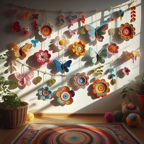 Crochet Hanging Room Decor, Crochet Flower Wall Hanging, Crochet Hanging Decor, Crochet Flower Hanging, Wallet Crochet Pattern, Wall Hanging Decor Ideas, Hanging Decor Ideas, Crochet Artwork, Crochet Garlands