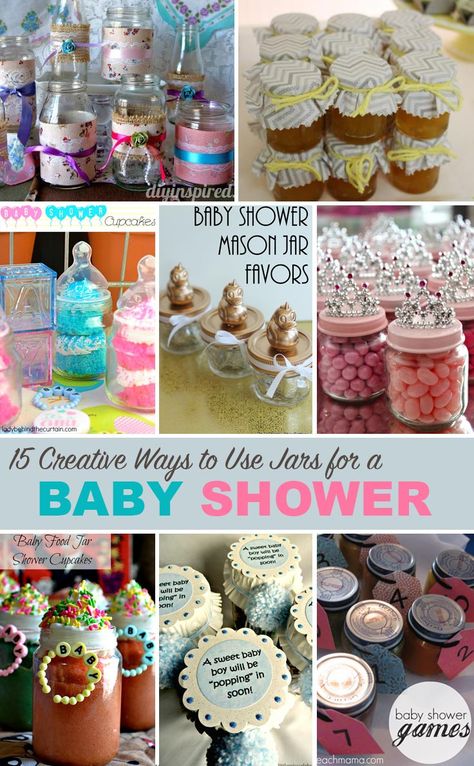 Get tons of ideas on how to use jars for a baby shower in one place! Mason Jar Baby Shower Ideas, Crafts With Jars, Mason Jars Crafts, Diy Gift Bags, Jars Crafts, Baby Bottle Favors, Mason Jar Favors, Baby Shower Ideas For Boys, Baby Jars