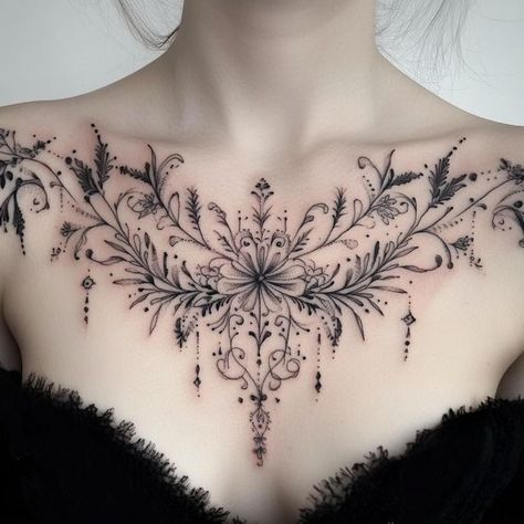 Eye Chest Tattoo Female, Chest Collar Bone Tattoo, Chest And Shoulder Tattoo Female, Chest Piece Women, Ladies Chest Tattoo, Above Chest Tattoo Female, Girls Chest Tattoos, Neck And Chest Tattoos For Women, Ornamental Chest Tattoo Female