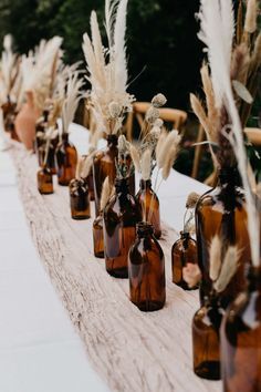 Diy Wedding Centerpieces Boho, Pampas Wedding Decor Table, Wedding Table Decorations Pampas, Boho Micro Wedding, Cheap Boho Wedding Ideas, Boho Arbor Wedding, Simple Boho Centerpieces, Boho Reception Table Decor, Boho Wedding Vibes