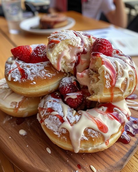 STRAWBERRY CHEESECAKE STUFFED DONUTS 🍓🍩 Ingredients: For the Donuts: 2 cups all-purpose flour 1/2 cup granulated sugar 2 teaspoons baking powder 1/2 teaspoon baking soda 1/2 teaspoon salt 1/2 teaspoon ground cinnamon 2/3 cup buttermilk 2 large eggs 1/4 cup unsalted butter, melted 1 teaspoon vanilla extract For the Cheesecake Filling: 8 oz cream cheese, softened 1/4 cup powdered sugar 1/2 teaspoon vanilla extract 1/2 cup strawberry preserves or jam For the Glaze: 1 cup powdered sugar 2-3 ... Strawberry Donut, Donut Batter, Strawberry Donuts, Strawberry Preserves, Dessert Tea, Cheesecake Filling, Fruit Dessert, Baked Donuts, Donut Glaze