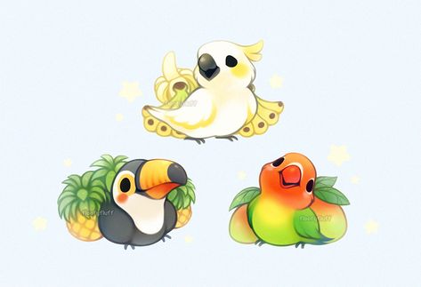 Fruity Birds!!! 🐦🍍💕 Images Kawaii, Cute Kawaii Animals, Cute Animal Drawings Kawaii, Fruit Illustration, Funny Illustration, Cute Kawaii Drawings, Kawaii Animals, Dessin Adorable, Bird Drawings