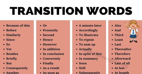 Learn the transition words list in English with the infographic. This article shows the transition words list for ESL learners. Good Transition Words, List Of Transition Words, Transition Words For Essays, Preschool Transitions, Transition Songs, Linking Words, Primary Teacher, 3rd Grade Writing, English Transition Words