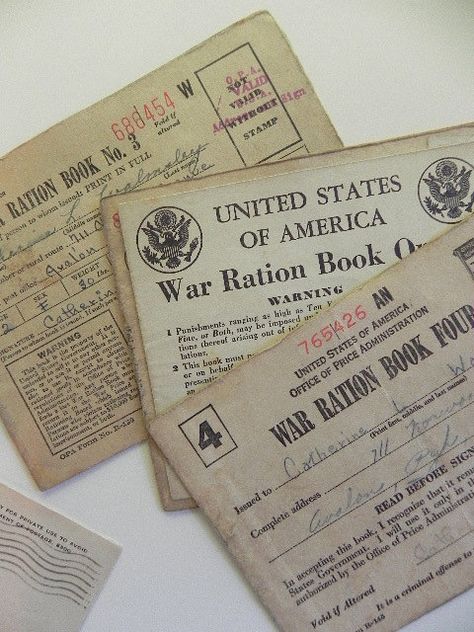 WWII Ration Book - Throughout the war, people had to buy everything through a strict system of rationing. You recieved a ration-book for each month. In that book were little tickets which you ripped out, to buy certain things. There were ration-tickets for everything from eggs, flour, coal, cigarettes, meat and clothing. Ww2 Recipes, Ration Book, Eco Project, Stamp Values, John B, Super Soldier, A Soldier, Vintage Life, Living Legends