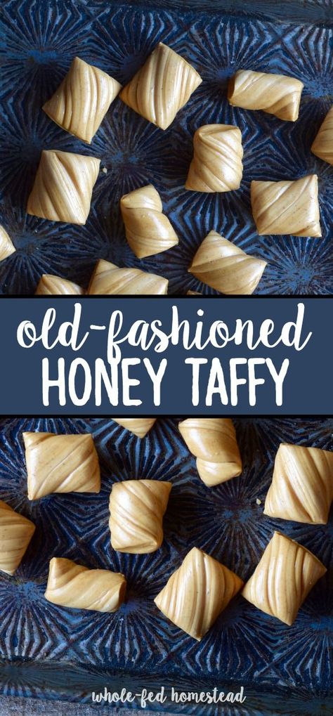 Taffy Recipe Easy, Pioneer Recipes Old, Homemade Taffy Recipe, Honey Candy Recipe Simple, Taffy Pulling Party, Saltwater Taffy Recipe, Honey Products Ideas, Honey Chews, Bit O Honey Recipe