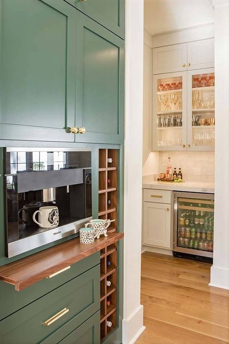 Lindsey Black of Lindsey Black Interiors Miele Coffee Machine Built Ins, Tarrytown Green, Coffee Machine Storage, Kitchen Shaker Cabinets, Coffee Corners, Kitchen Shaker, Dry Kitchen, Black Interiors, Espresso Kitchen Cabinets