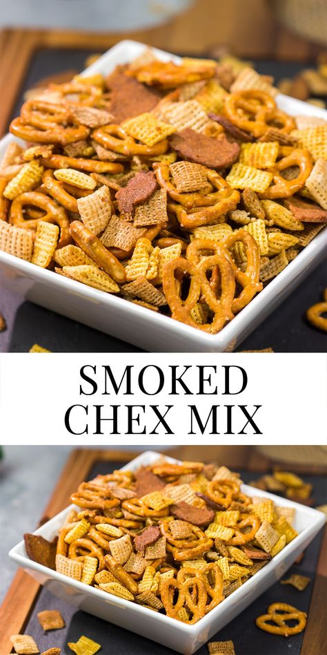 Smoked Chex Mix | Spicedblog Smoked Chex Mix Recipes Original, Smoked Snack Mix Recipes, Chez Mix Recipes, Chex Mix Recipes Original, Homemade Chex Mix, Cheesy Crackers, Homemade Bbq Sauce Recipe, Watching Football, Chex Mix Recipes