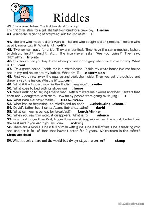 59 Riddles: English ESL worksheets pdf & doc Tough Riddles, Grandma Ideas, Card Verses, Sms Language, Substitute Teaching, Funny Riddles, Classroom Discussion, April Fool, Tongue Twisters