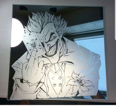 Joker etched mirror Tattoo Mirror, Glass Etching Art, Mirror Engraving, Mirror Etching, Etched Mirror, Glass Etching, Dremel, Etching, Zombie