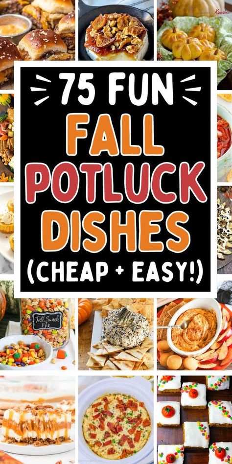 Easy fall potluck ideas! The best fall potluck appetizers, main dishes, desserts, and side dishes for a crowd. Fall foods for potluck, fall crockpot party food, food ideas for fall party, fall recipes potluck, side dish for fall potluck, fall crockpot potluck recipes, potluck desserts fall, fall potluck aesthetic, best fall potluck recipes, what to bring to a fall potluck, fall potluck ideas for work, potluck lunch ideas, church potluck recipes, Thanksgiving potluck dishes, fall finger foods. Fall Recipes Potluck, September Potluck Themes, Carry In Ideas For Work Food, Fall Pot Luck Recipes, Foods For Potluck, Office Potluck Ideas Lunch, Covered Dish Ideas Potlucks, Potluck Themes For Work, Meal Ideas For A Crowd