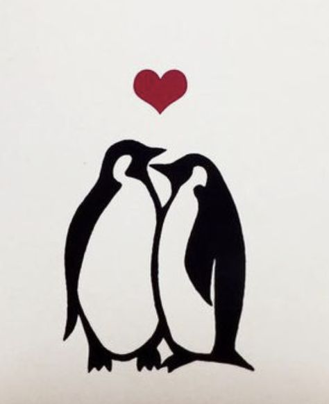 Penguin Heart Tattoo, Simple Penguin Tattoo Outline, Penguin Couple Drawing, Penguin Tattoo Couple, Simple Penguin Tattoo, Partner Tattoos, Penguin Couple, Penguin Tattoo, Penguin Drawing