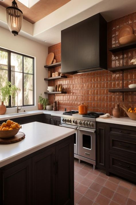 Terracotta Tiles backsplash idea for kitchens with dark cabinets and light countertops. Terracotta Kitchen Backsplash, Dark Tile Backsplash, Terracotta Backsplash Kitchen, Backsplash Dark Cabinets, Backsplash Ideas For Dark Cabinets, Brown Kitchen Tiles, Terracotta Kitchen Floor, Terracotta Tiles Kitchen, Black Tiles Kitchen