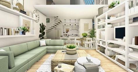 Living Room Inspo Bloxburg, Sage Green House, Bloxburg Inspiration, Realistic House, Bloxburg Rooms, Sage Green Living Room, Preppy House, Loft Penthouse, Cozy Dorm Room