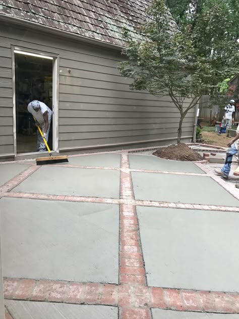 Brick Cement Patio, Concrete Patio To Pavers Transition, Concrete And Paver Patio Ideas, Concrete And Brick Walkway, Diamond Concrete Patio, Concrete With Brick Inlay, Brick And Cement Patio, Cement And Brick Patio Ideas, Concrete With Brick Border