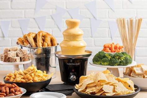 Fondue Station Bar Ideas, Fondue At Wedding, Fondue Wedding Bar, Wedding Cheese Fountain, Nacho Cheese Fountain Recipe, Cheese Fondue Fountain, Fondue Birthday Party, Fondue Fountain Ideas, Cheese Fountain Ideas