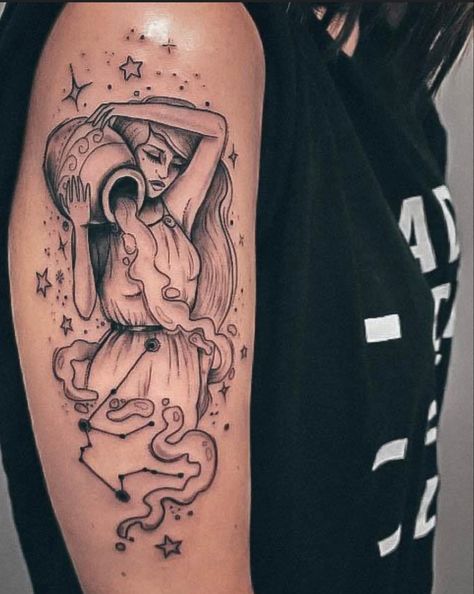 Aquarius Goddess Tattoo Zodiac Signs, Aquarius Tattoo Ideas For Men, Aquarius Water Tattoo, Aquarius Tattoo Men Zodiac, Aquarius Tattoo Women, Aquarius Water Bearer Tattoo, Water Goddess Tattoo, Aquarius Zodiac Tattoo, Aquarius Tattoo Designs For Women